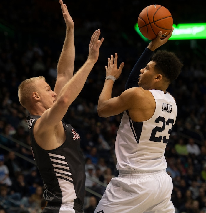 (Rick Egan  |  The Salt Lake Tribune)       Brigham Young Cougars forward Yoeli Childs (23) shoots as Santa Clara Broncos forward Henrik Jadersten (3) defends, in basketball action between Brigham Young Cougars and Santa Clara Broncos at the Marriott Center in Provo, Saturday, Jan. 12, 2019.


