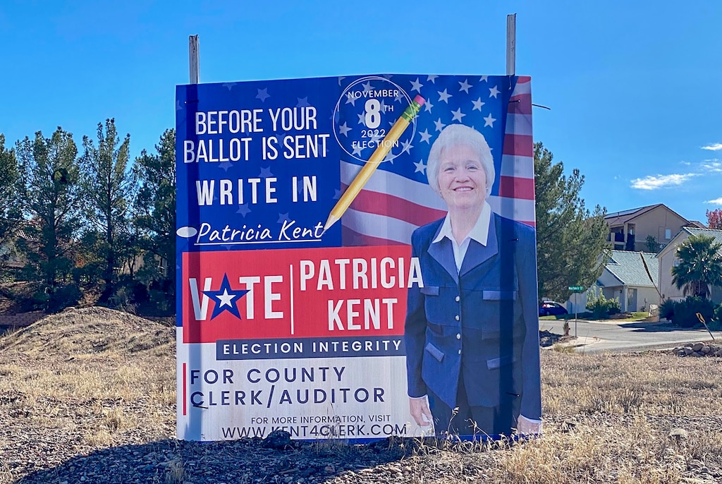 (Mark Eddington | The Salt Lake Tribune) A campaign banner for Patricia Kent, who ran a write-in campaign for Washington County clerk/auditor.