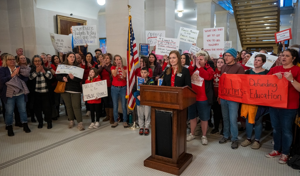 (Rick Egan | The Salt Lake Tribune)  Stacey Mollinet, President of Utah PTA, speaks as students and teachers gather for a public education rally at the Capitol, on Monday, Jan. 23, 2023.