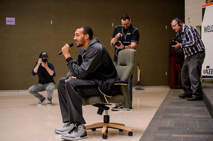 (Trent Nelson | The Salt Lake Tribune)  Utah Jazz center Rudy Gobert answers questions from young students at Foxboro Elementary, a French immersion school, in North Salt Lake, Wednesday September 20, 2017.