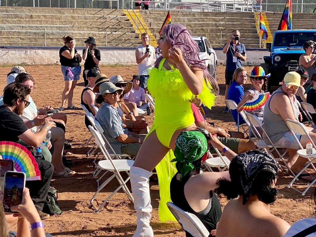 (Mark Eddington | The Salt Lake Tribune) Drag performer Miz Kiki wows the crowd at the Allies and Community Drag Festival in St. George on Friday, June 30, 2023.