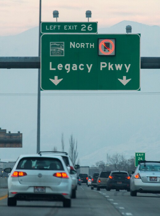 (Rick Egan | The Salt Lake Tribune) Sign on I-215, stating that trucks are prohibited from driving on the Legacy Parkway, Thursday, Dec. 6, 2018.