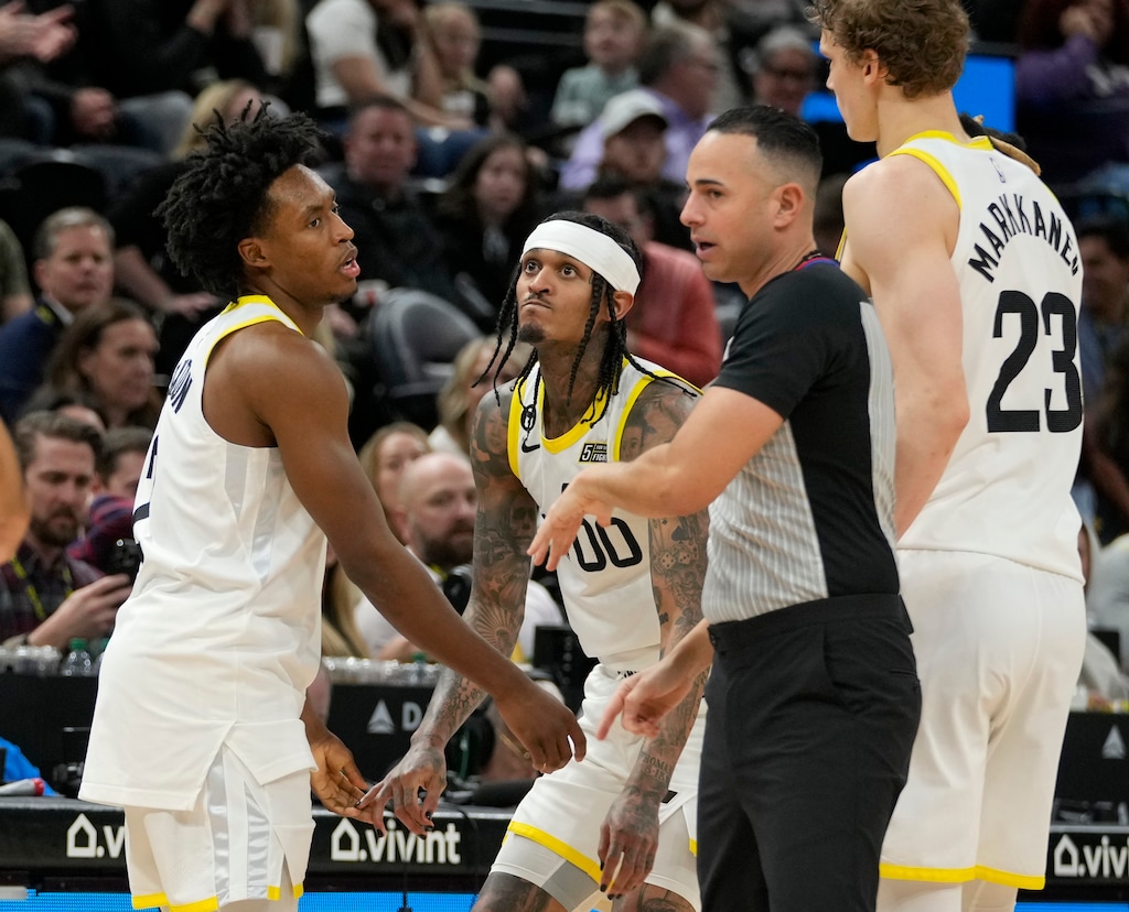 (Leah Hogsten | The Salt Lake Tribune) Utah Jazz guard Collin Sexton (2) and Utah Jazz guard Jordan Clarkson (00) react to Clarkson receiving a technical foul from referree Ray Acosta as the Utah Jazz host the Dallas Mavericks at Vivint Arena Monday, February 6, 2023.