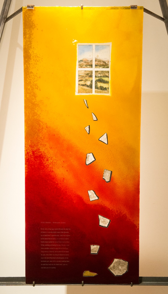 (Rick Egan  |  The Salt Lake Tribune)      Berchtesgaden, Germany, Berghof, is part of the the McDonald Windows, stained glass exhibit, "Remembered Light," which features fragments from World War II windows. The exhibit brought to Utah by the Salt Lake Interfaith Roundtable & the Peace Committee of the Utah District of Rotary International. The exhibit runs through Nov 17, at 175 South Main, in Salt Lake City. Monday, Oct. 29, 2018.




