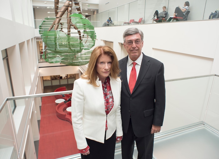 (Rick Egan  |  The Salt Lake Tribune)     Gary and Ann Crocker, celebrate the opening of the new Gary and Ann Crocker Science Center on Presidents Circle, Thursday, April 19, 2018.


