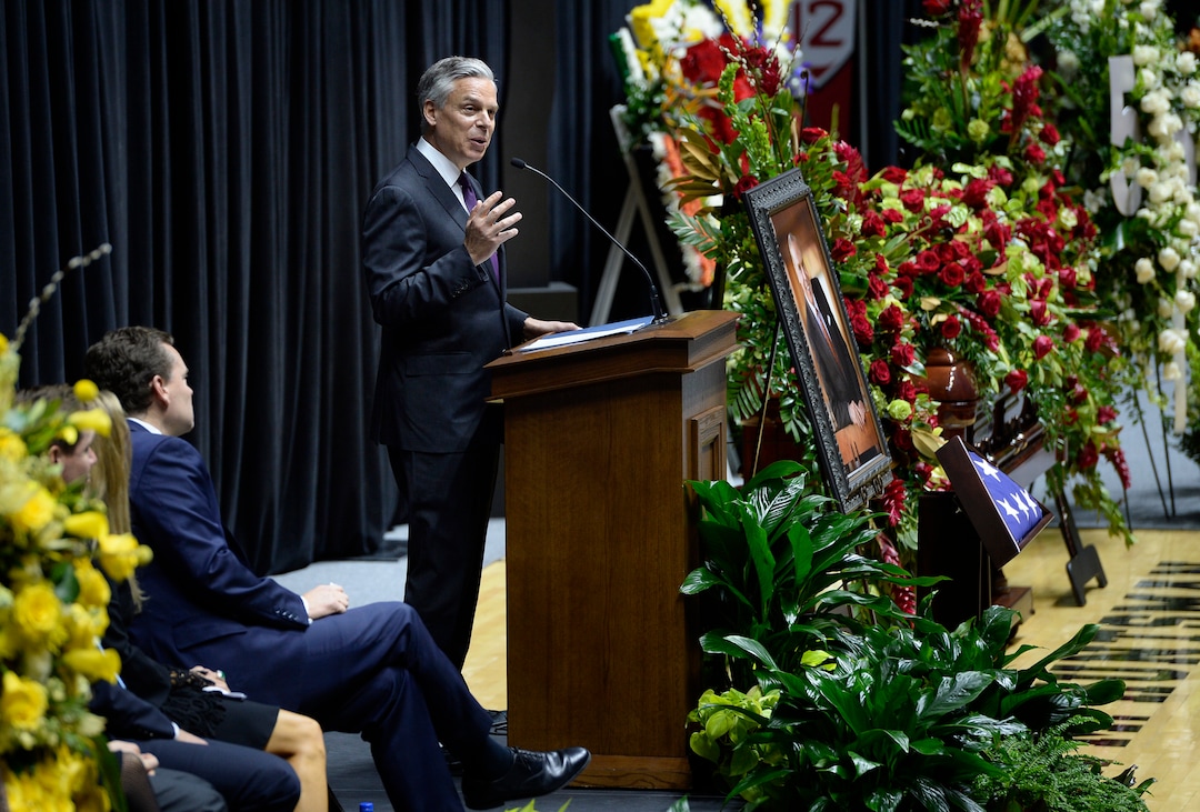 Scott Sommerdorf | The Salt Lake TribuneAmbassador Jon Huntsman Jr. speaks about his father at the funeral services for Jon M. Huntsman, Sr., Saturday, February, 10, 2018. 