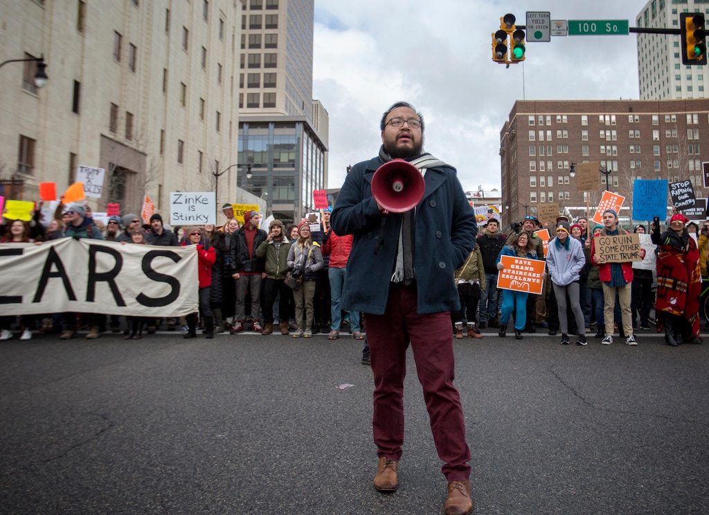 (Benjamin Zack | Standard-Examiner via AP file photo)  Moroni Benally leads protesters in chants during President Donald Trump's visit on Monday, Dec. 4, 2017, in Salt Lake City.