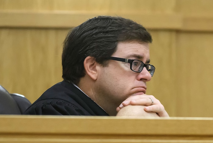 (Eli Lucero  |  Pool Photo)  Judge Brian Cannell listens as prosecuting attorney James Swink speaks during Jayzon Decker's sentencing hearing for attempted aggravated murder and obstructing justice, Wednesday, Feb. 7, 2018, in Logan, Utah. Decker received a sentence of 15 years to life for planning and being present at the shooting of Deserae Turner in February 2017, and leaving her for dead in a dry irrigation canal in Smithfield, Utah.