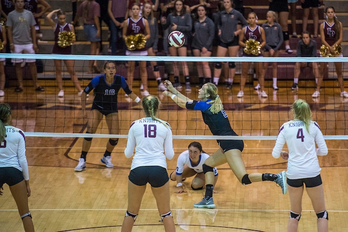 (Chris Detrick  |  The Salt Lake Tribune)  Pleasant Grove's Heather Gneiting (5) goes for the ball during the volleyball match at Lone Peak High School Tuesday, September 5, 2017. 