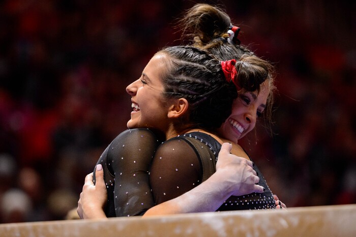 (Trent Nelson  |  The Salt Lake Tribune) Alexia Burch on the beam as the University of Utah hosts Arizona State, NCAA gymnastics in Salt Lake City on Friday, Jan. 24, 2020.