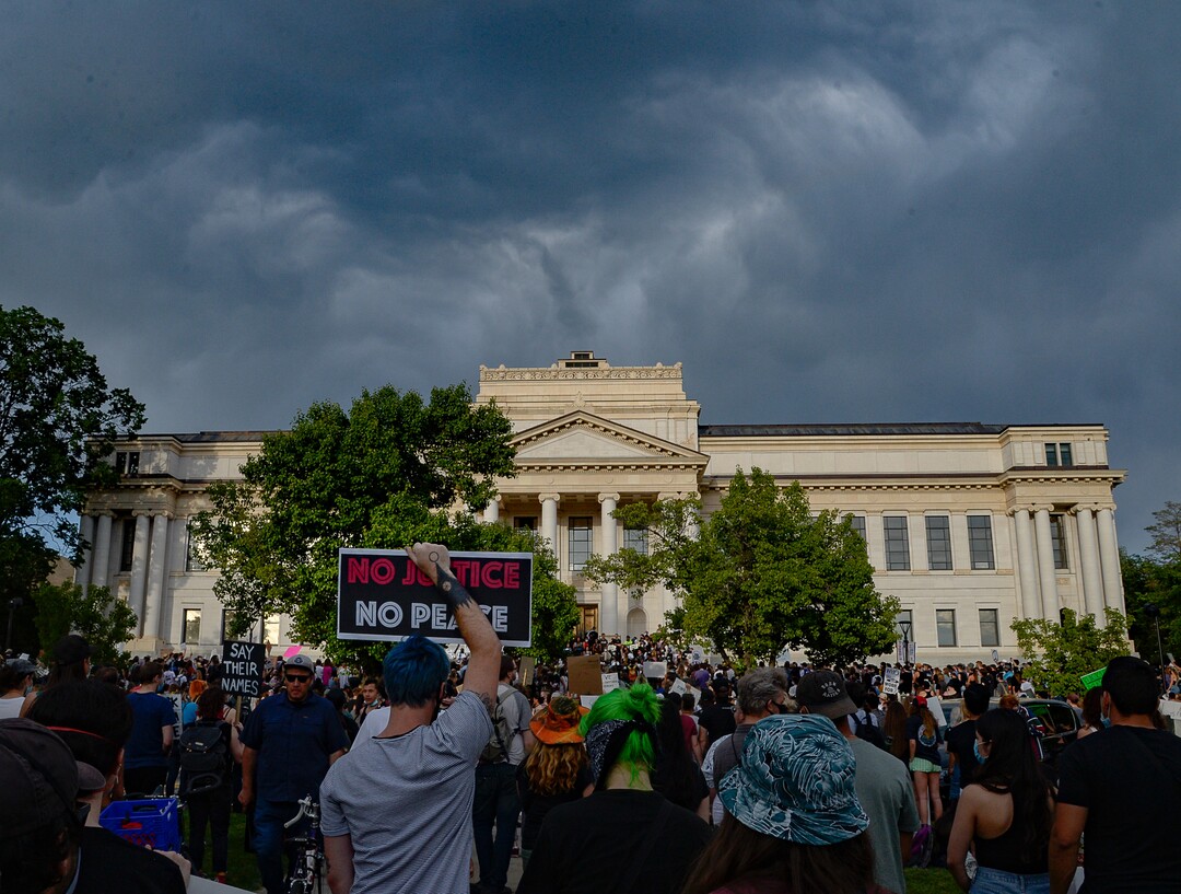 (Francisco Kjolseth  |  The Salt Lake Tribune) Demonstrators protesting against police brutality gather at the Park building at the University of Utah on Wednesday, June 3, 2020, in Salt Lake City, as the initially set 8 p.m. weeklong curfew was removed.