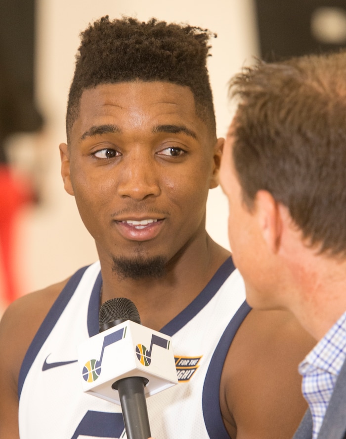(Rick Egan  |  The Salt Lake Tribune) Utah Jazz guard, Donovan Mitchell gives an interview, during the Utah Jazz media day, at the Zions Bank Basketball Center, Monday, September 25, 2017.


