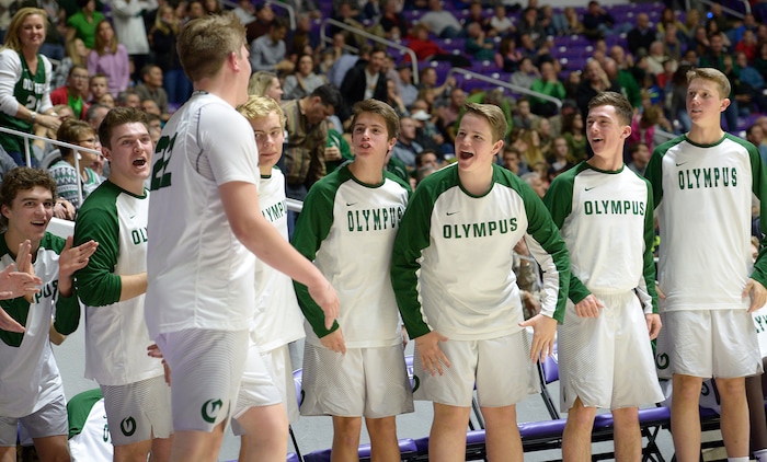 Leah Hogsten  |  The Salt Lake TribuneOlympus's Spencer Jones (22) is congratulated for his play by the bench after he got into foul trouble and had to leave the game. Olympus High School defeated Corner Canyon High School 76-72 during their 4A State boysÕ basketball semifinal playoff game at Weber State University's Dee Events Center, Friday, March 3, 2017.