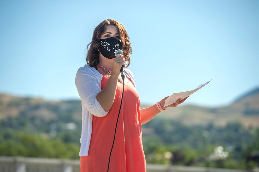 (Rick Egan  |  The Salt Lake Tribune)     Emily Johnson gives a speech, during a Mask-In and Car Caravan protest at the State Capitol to demand the Governor and other state and local leaders ensure that Utah school protect students and staff when schools reopen, on Thursday, July 23, 2020.