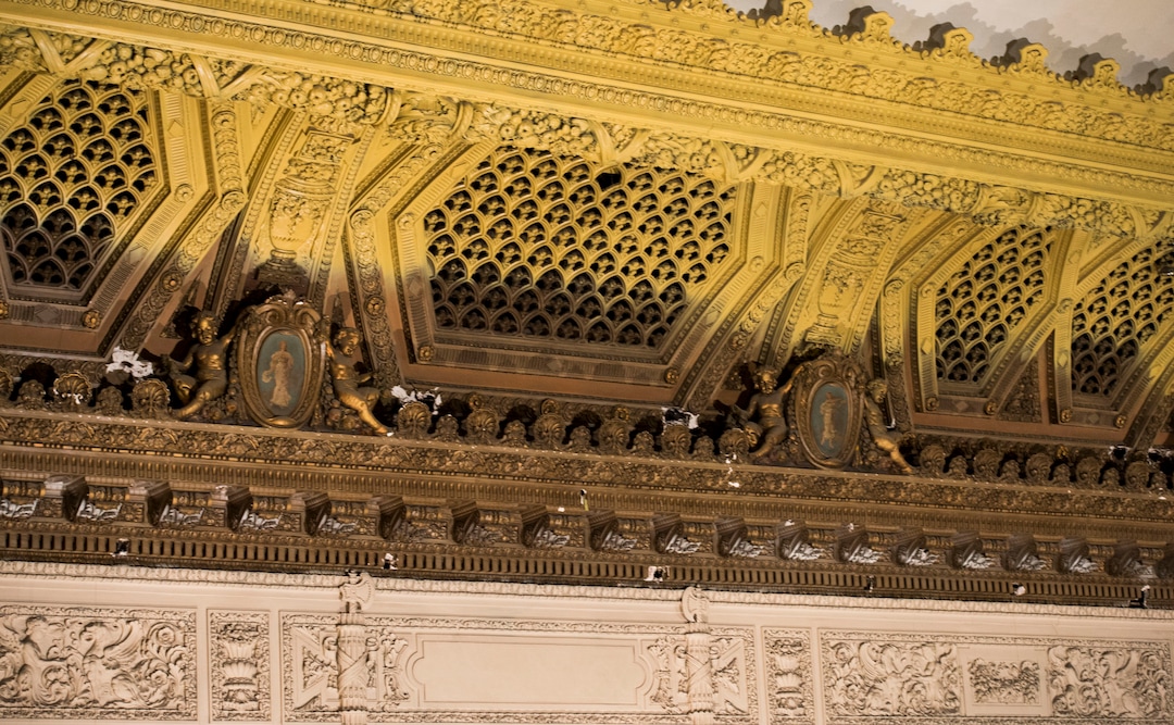 (Steve Griffin  |  Tribune file photo)  The ornate plaster ceiling and skylight in the interior of Utah Theater, as seen in Dec. 2015.