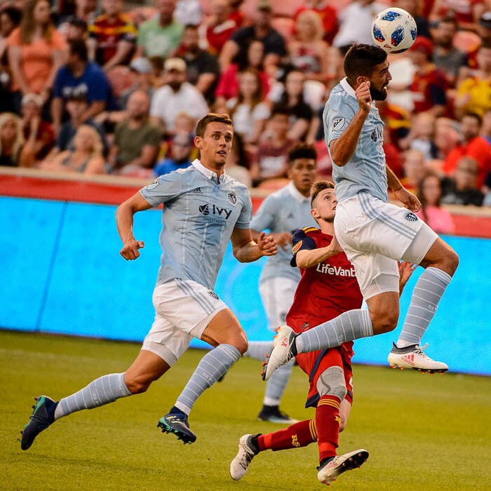 (Trent Nelson | The Salt Lake Tribune)
Sporting Kansas City defender Emiliano Amor (22) heads the ball away from Andrew Brody as Real Salt Lake hosts Sporting Kansas City in a U.S. Open Cup match in Sandy, Wednesday June 6, 2018.