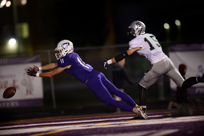 (Scott Sommerdorf   |  The Salt Lake Tribune)   Lehi WR Kade Moore could not come up with this sure TD catch during first half play. Lehi led Olympus 26-0 late in the second half, Friday, September 22, 2017.