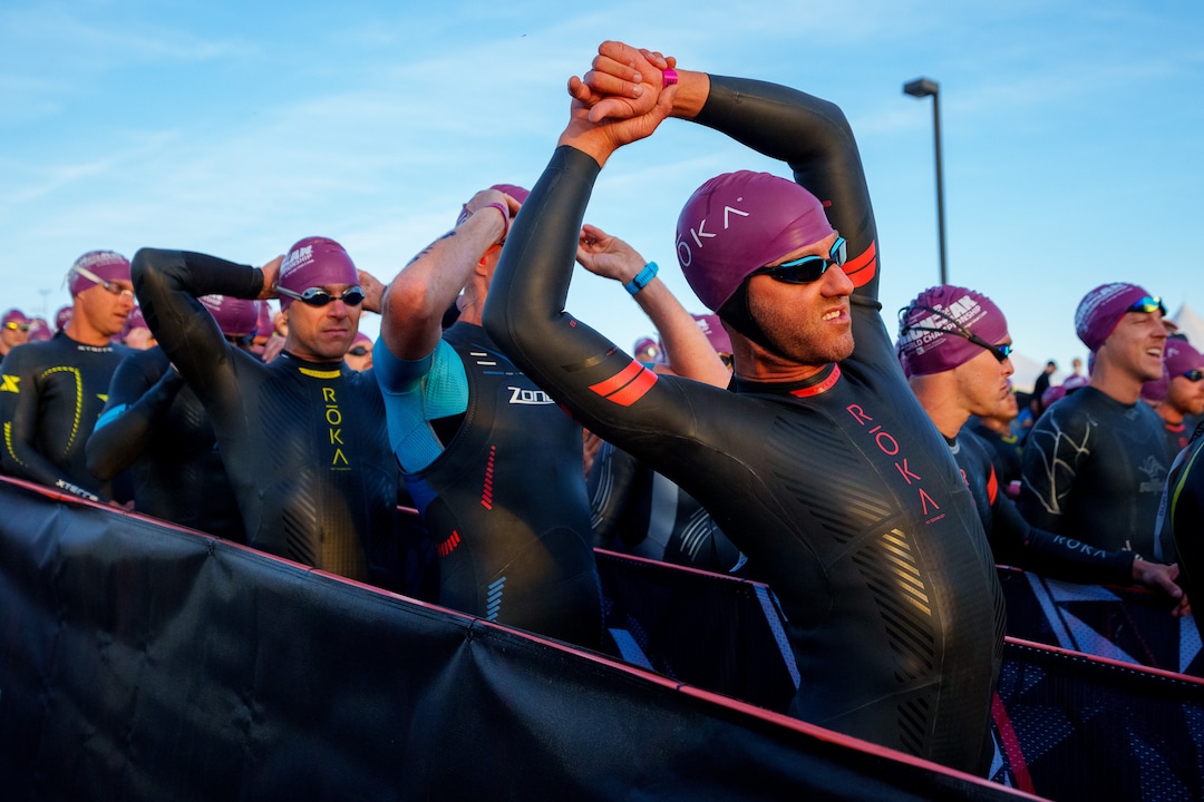 (Trent Nelson  |  The Salt Lake Tribune) Competitors prepare to swim at in the Ironman World Championship triathlon in St. George on Saturday, May 7, 2022.