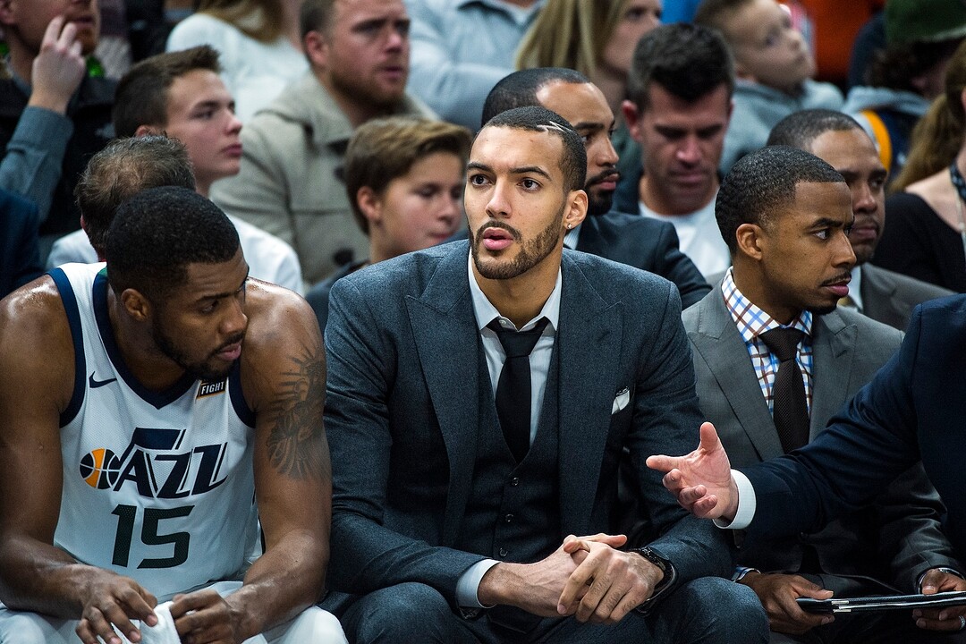 (Chris Detrick  |  The Salt Lake Tribune)  Utah Jazz center Rudy Gobert (27) watches the game at Vivint Smart Home Arena Friday, December 1, 2017.  