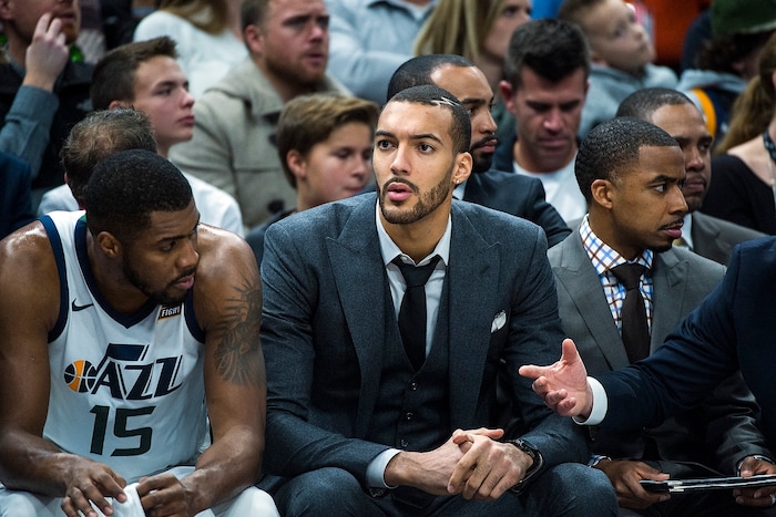 (Chris Detrick  |  The Salt Lake Tribune)  Utah Jazz center Rudy Gobert (27) watches the game at Vivint Smart Home Arena Friday, December 1, 2017.  
