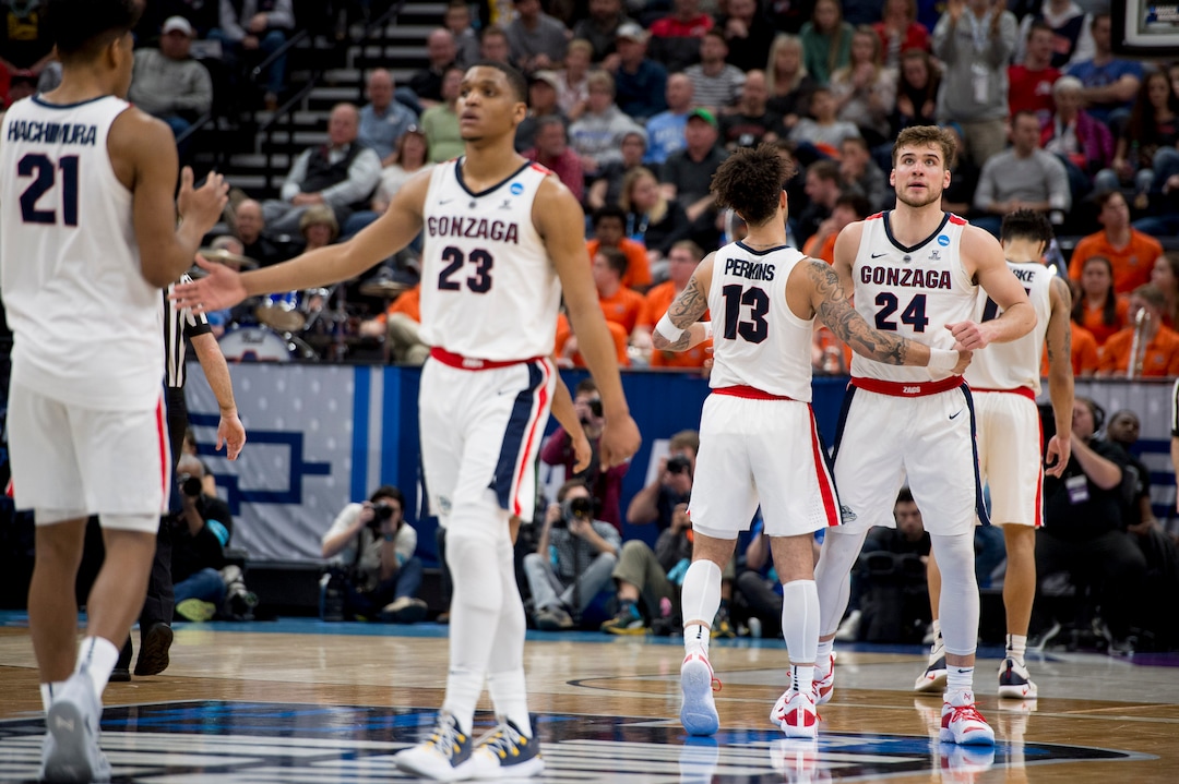(Leah Hogsten  | The Salt Lake Tribune)  Gonzaga players celebrate after beating Baylor in the second round of the NCAA tournament in Salt Lake City on Saturday, March 23, 2019.