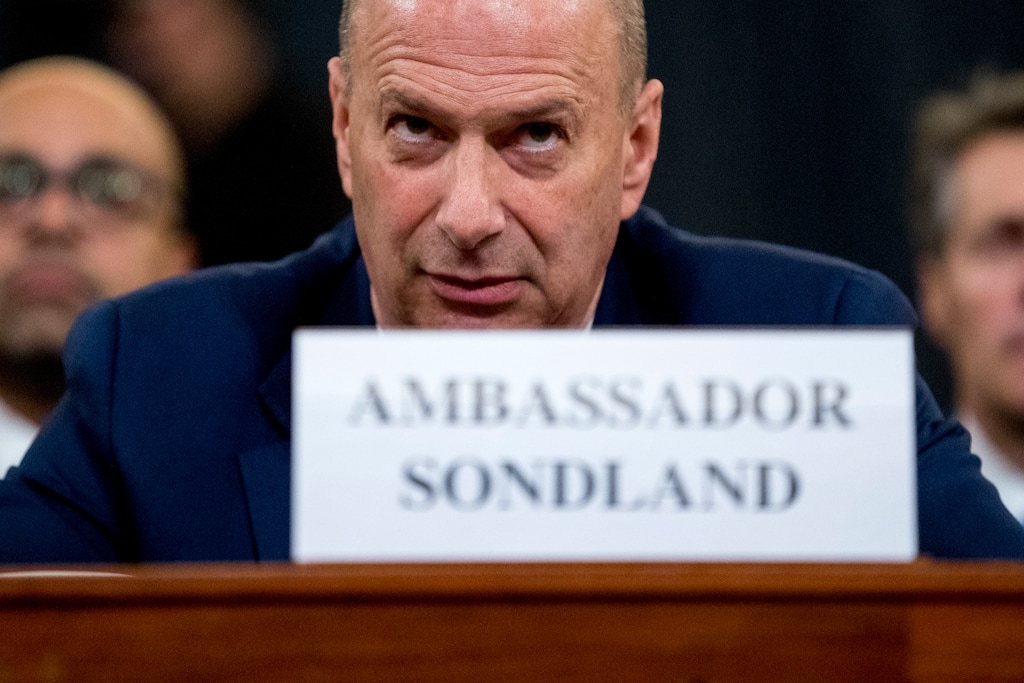 (Andrew Harnik | AP) Ambassador Gordon Sondland, U.S. Ambassador to the European Union, center, appears before the House Intelligence Committee on Capitol Hill in Washington, Wednesday, Nov. 20, 2019, during a public impeachment hearing of President Donald Trump's efforts to tie U.S. aid for Ukraine to investigations of his political opponents.