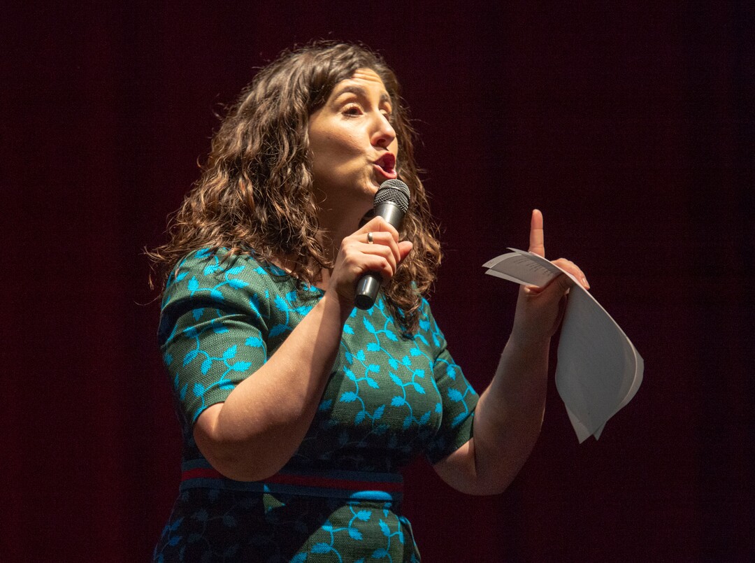 (Rick Egan  |  The Salt Lake Tribune)     Shireen Ghorbani speaks to the Salt Lake County Democratic Party's Central Committee members, as one of 10 candidates vying the at-large Country Council seats left vacant by now-Salt Lake County Mayor Jenny Wilson, at Eisenhower Jr High, Saturday, Feb. 23, 2019.