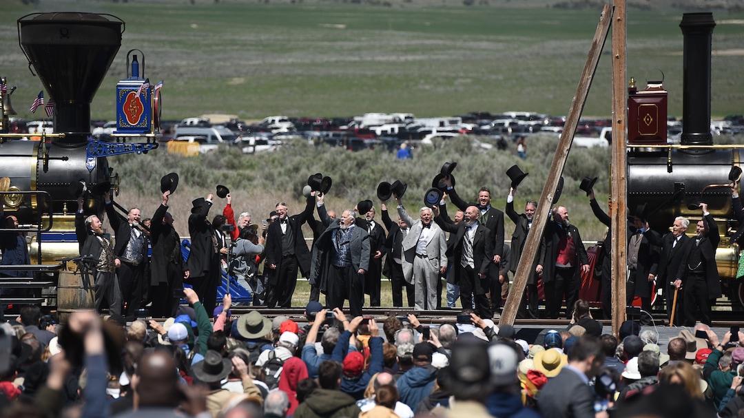 (Francisco Kjolseth  |  The Salt Lake Tribune) The Golden Spike Association creates a historical reenactment on Friday May 10, 2019, in celebration of the 150th anniversary of the completion of the transcontinental railroad at Promontory Summit where the two rails met back on May 10, 1869.