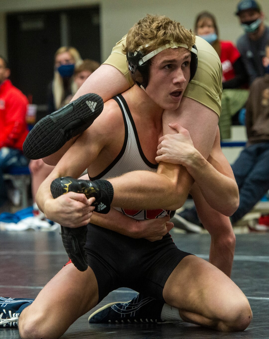 (Rick Egan | The Salt Lake Tribune)  Channing Warner (Juab) Wrestles Drew Lang (West) in the138 division at the High School All Star wrestling event in Orem, on Tuesday, Jan. 12, 2021.