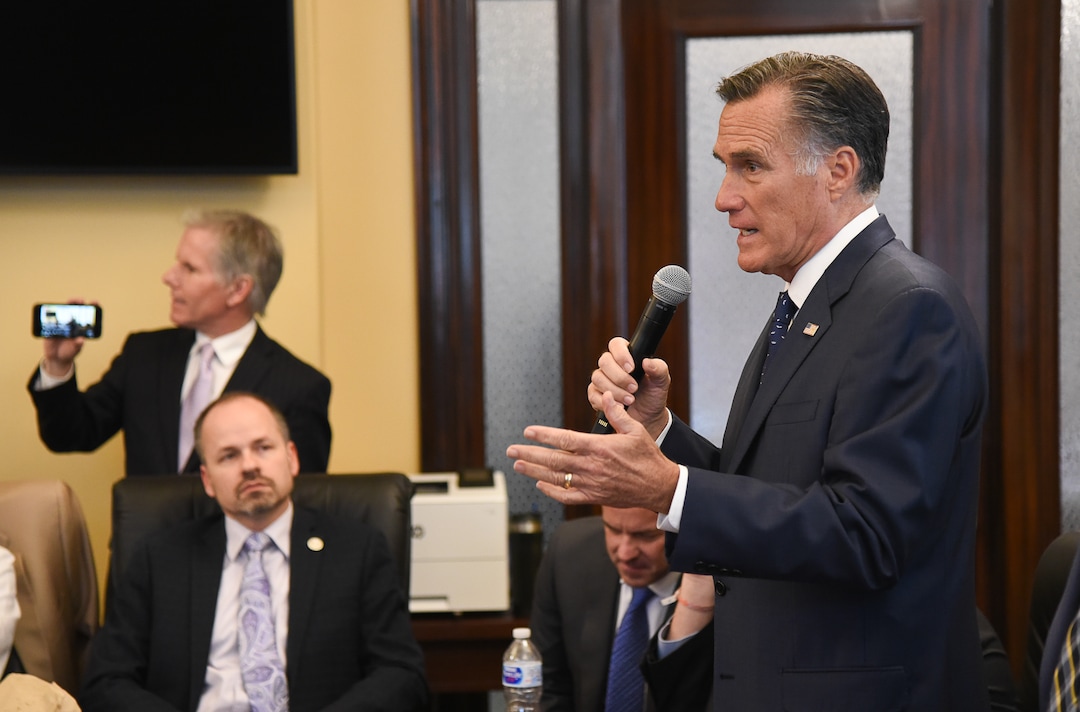 (Francisco Kjolseth  |  The Salt Lake Tribune)  Sen. Mitt Romney meets state lawmakers at the Utah Capitol as he speaks with members of the Republican House Caucus during a series of meetings on Thursday, Feb. 21, 2019.