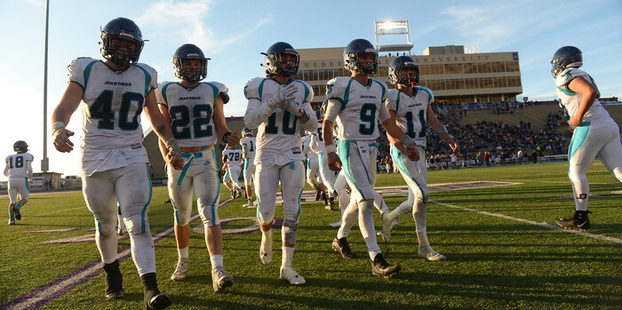 (Leah Hogsten  |  The Salt Lake Tribune)   Juan Diego High School boys' football defeated Morgan High School 45-20 to win the 3A State Championship game Saturday, Nov. 11, 2017 at Weber State University's Stewart Stadium in Ogden.