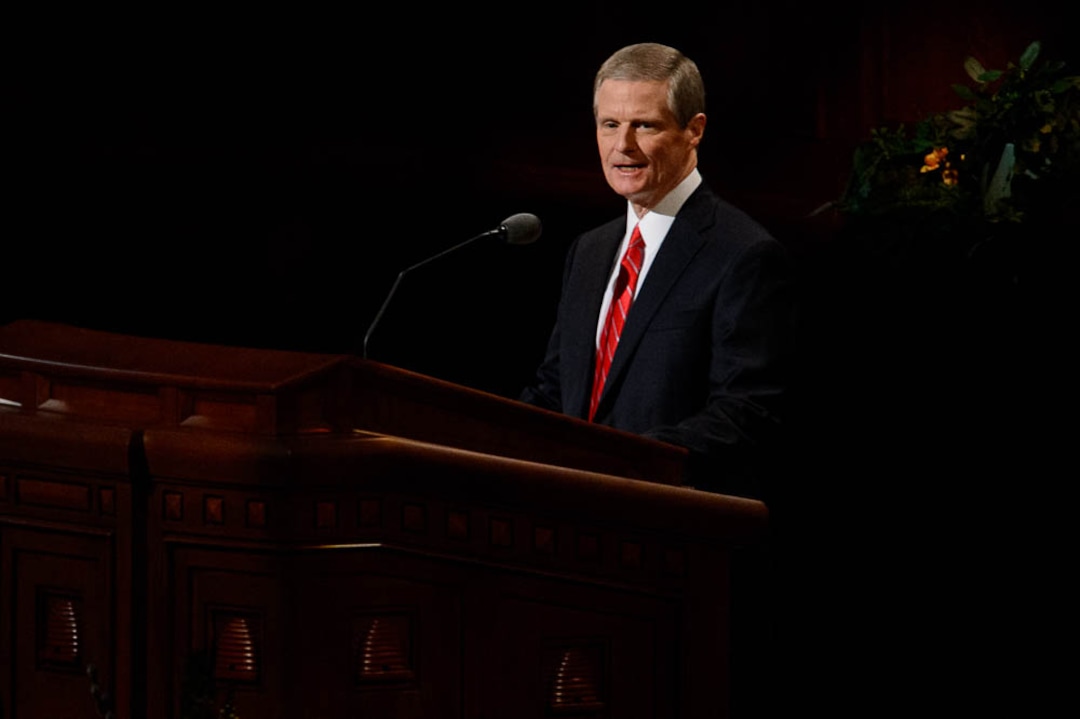 (Trent Nelson  |  The Salt Lake Tribune)  David A. Bednar speaks during the afternoon session of the189th Annual General Conference of The Church of Jesus Christ of Latter-day Saints in Salt Lake City on Sunday April 7, 2019.