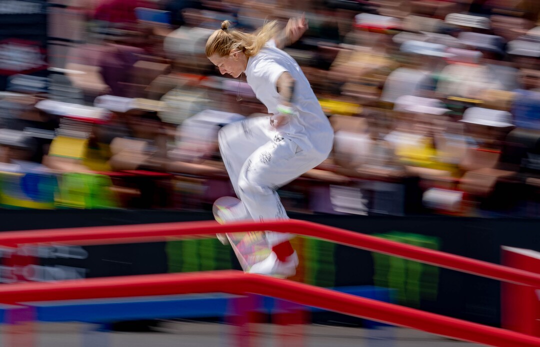 (Francisco Kjolseth | The Salt Lake Tribune) Candy Jacobs of the Netherlands competes in Street League Skateboarding Championship Tour at the Utah State Fairpark in Salt Lake City on Saturday, Aug. 28, 2021. Now in its 11th year, the sport’s premier competition series includes more of the world’s best skaters than ever before, with the tour roster featuring 47 athletes hailing from 11 countries, including 21 Olympians and multiple X Games medalists.