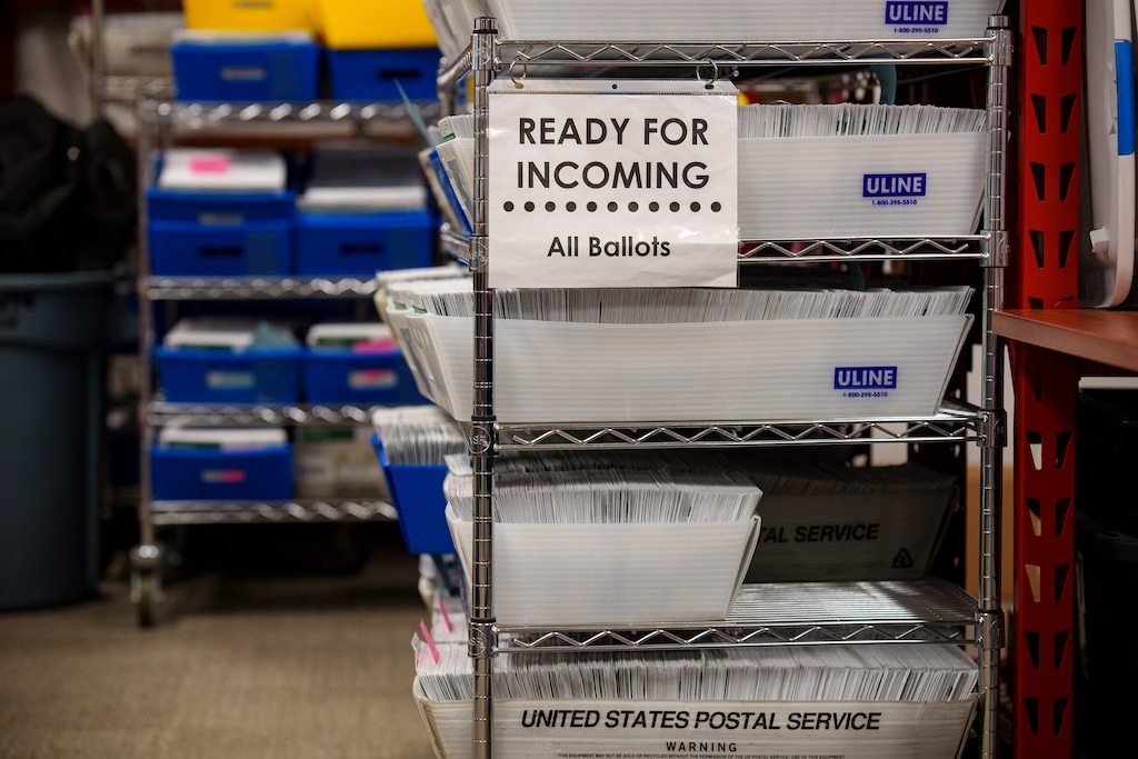 (Trent Nelson  |  The Salt Lake Tribune) Ballots in the counting center at Utah County's Administration Building in Provo on Tuesday, Nov. 5, 2024.