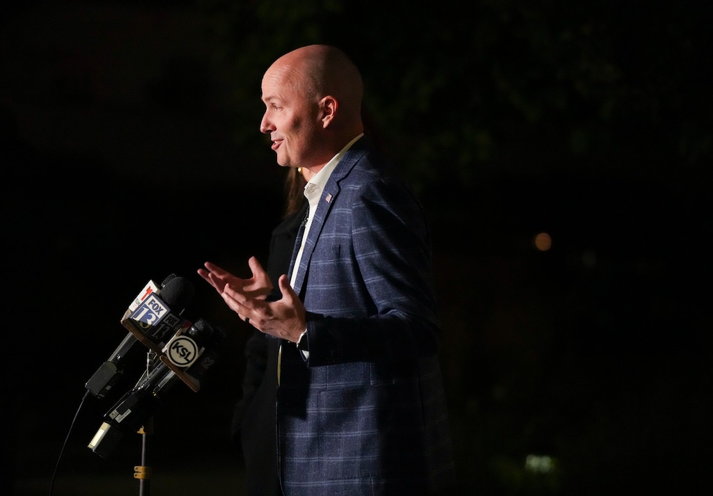 (Bethany Baker | The Salt Lake Tribune) Gov. Spencer Cox speaks to the media on election night at the governorÕs mansion in Salt Lake City on Tuesday, Nov. 5, 2024.
