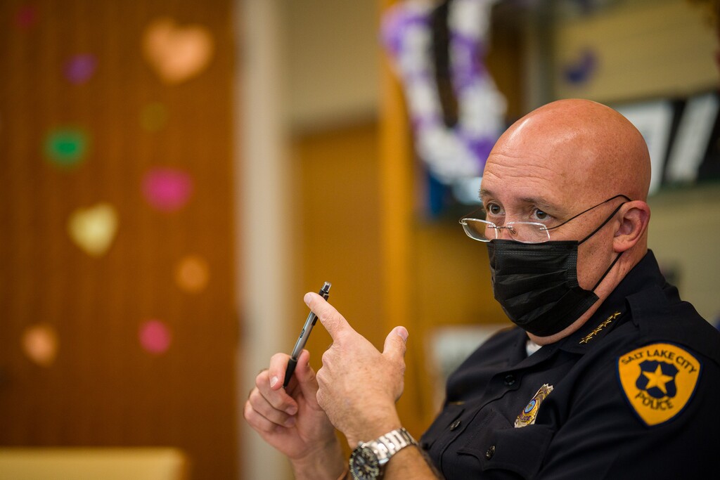 (Trent Nelson  |  The Salt Lake Tribune) Salt Lake City Police Chief Mike Brown in his office on Tuesday, Oct. 12, 2021.