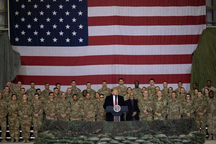 (Alex Brandon | AP) President Donald Trump addresses members of the military during a surprise Thanksgiving Day visit, Thursday, Nov. 28, 2019, at Bagram Air Field, Afghanistan.