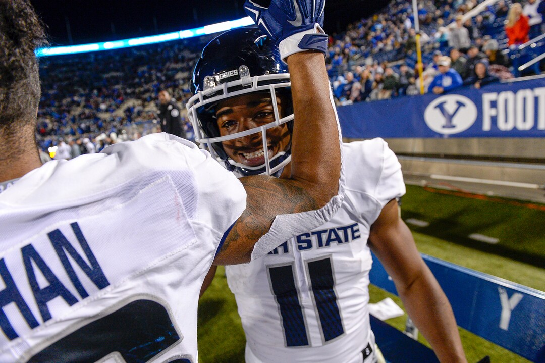 Leah Hogsten  |  The Salt Lake Tribune  Utah State Aggies wide receiver Jordan Nathan (16) Utah State Aggies wide receiver Aaren Vaughns (11) Utah State University defeated BYU at Lavell Edwards Stadium in Provo, Friday, Oct. 5, 2018.