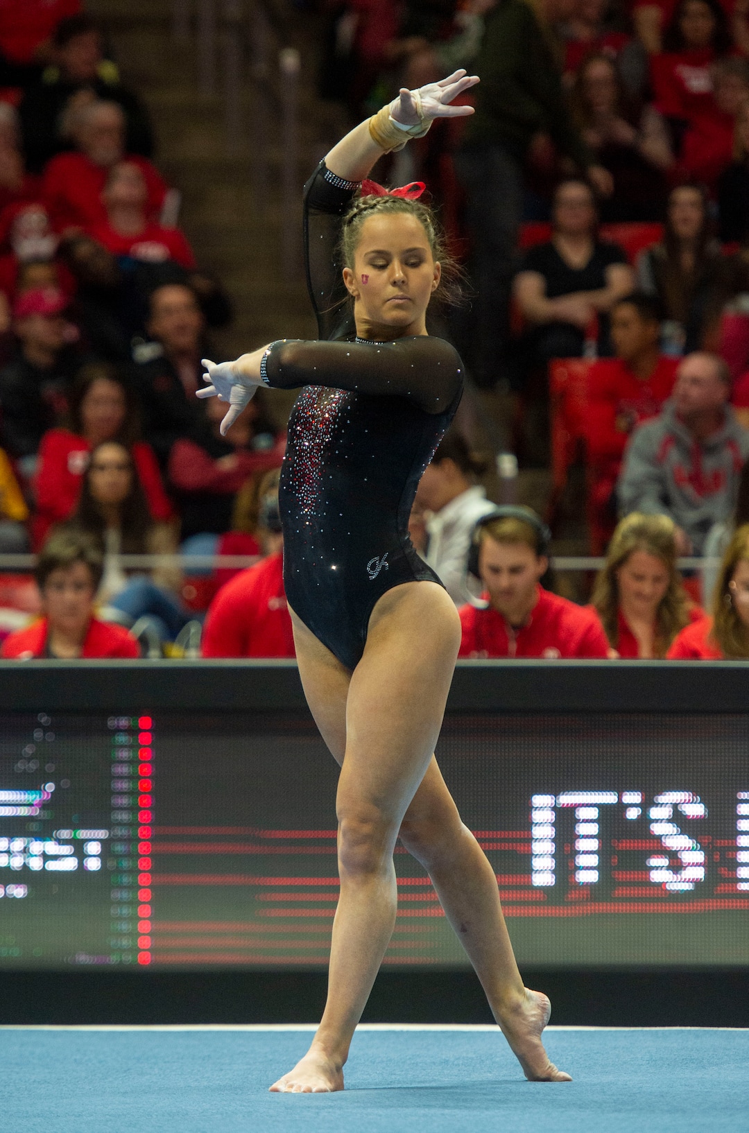 (Rick Egan  |  The Salt Lake Tribune)   Adrienne Randall competes on the floor for Utah, in PAC-12 gymnastics action between the UCLA Bruins and the University of Utah, at the Jon M. Huntsman Center, Saturday, Feb. 23, 2019.