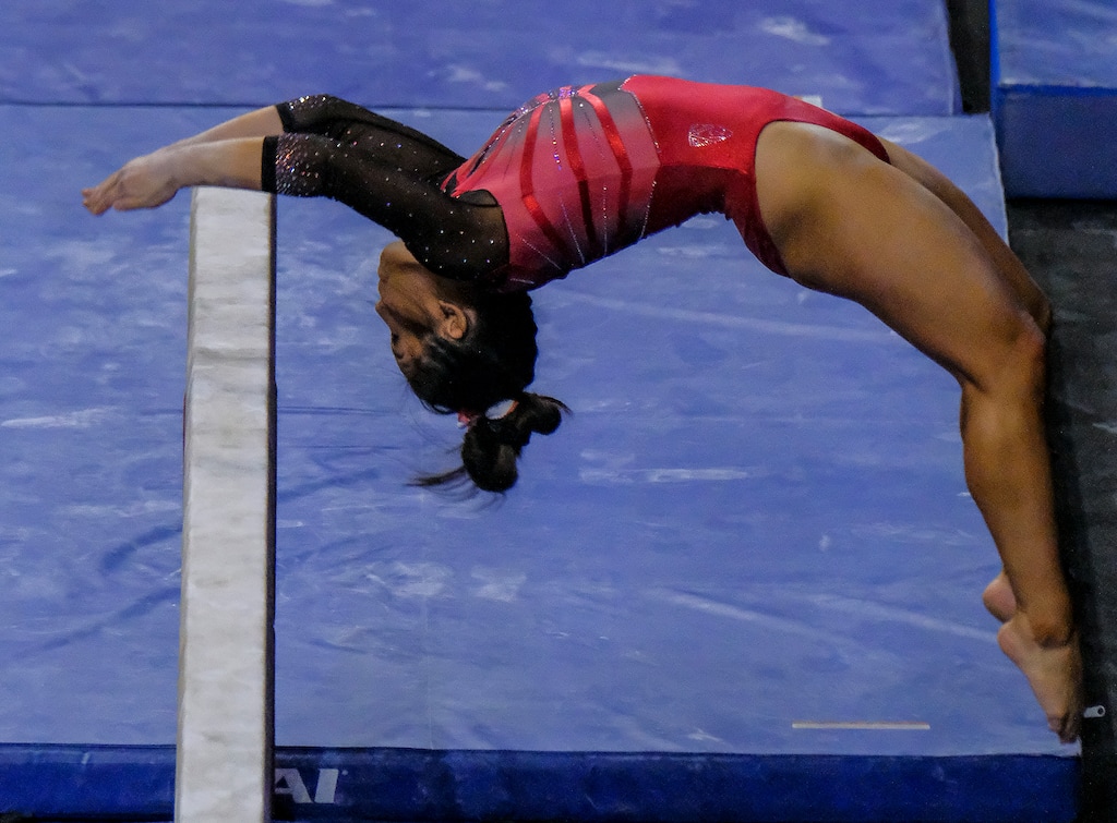(Leah Hogsten | The Salt Lake Tribune)  Cristal Isa on the beam as the University of Utah competes at the NCAA regional championships Saturday, April 3, 2021 at the Maverik Center.