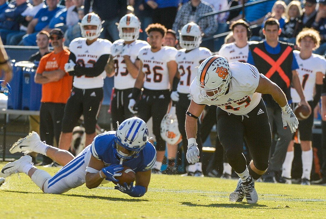 (Leah Hogsten  |  The Salt Lake Tribune) Brigham Young Cougars defensive back Will Watanabe (30) pulls in a punt to win possession as Brigham Young University takes on Idaho State, Saturday, Nov. 16, 2019 at LaVell Edwards Stadium.