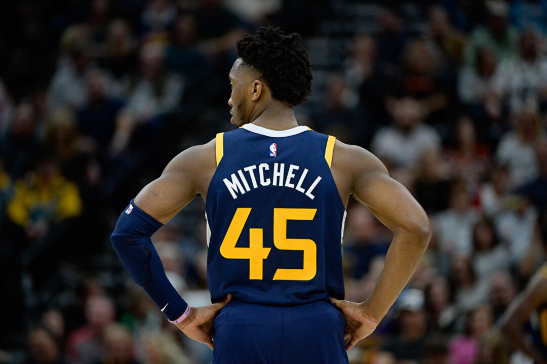 (Francisco Kjolseth  |  The Salt Lake Tribune)  Utah Jazz guard Donovan Mitchell (45) as the Utah Jazz host the New Orleans Pelicans in their NBA basketball game at Vivint Smart Home Arena in Salt Lake City on Sat. Nov. 23, 2019.