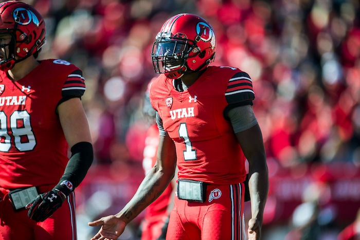(Chris Detrick  |  The Salt Lake Tribune)  Utah Utes quarterback Tyler Huntley (1) during the game at Rice-Eccles Stadium Saturday, October 21, 2017. 