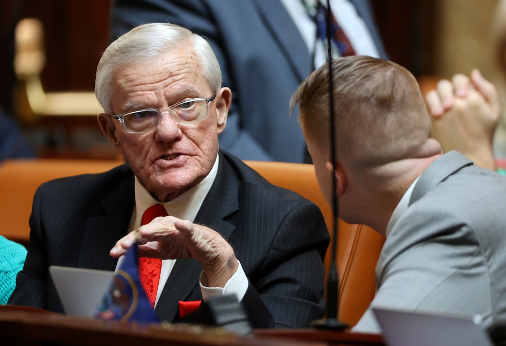 (Kristin Murphy | Pool) Rep. Dan Johnson, R-Logan, chats on the first day of the general legislative session in the House Chamber at the Capitol in Salt Lake City on Tuesday, Jan. 16, 2024. Johnson was wheeled off the House floor on Monday after an apparent medical emergency.