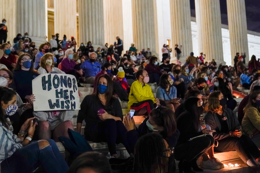 (Alex Brandon | AP photo)

People gather at the Supreme Court Friday, in Washington, after the Supreme Court announced that Supreme Court Justice Ruth Bader Ginsburg has died of metastatic pancreatic cancer at age 87.