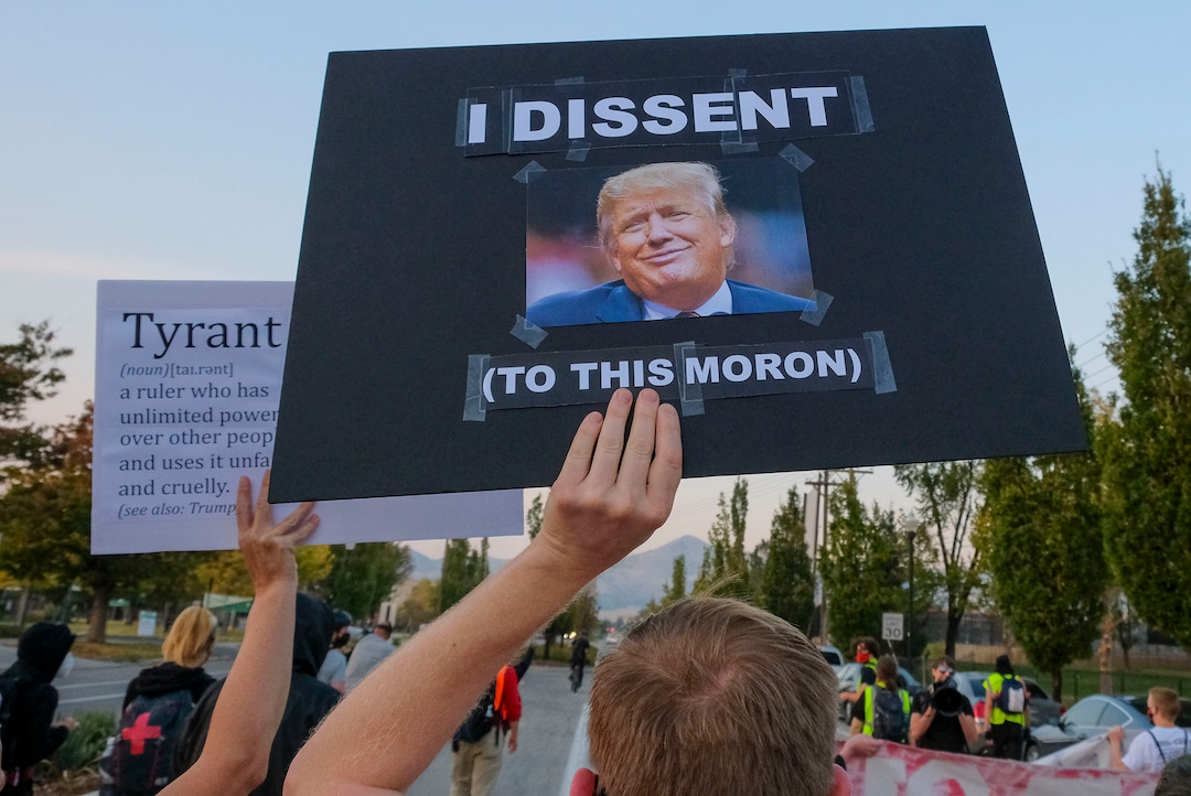 (Leah Hogsten  |  The Salt Lake Tribune) Protesters walk to the University of Utah as Vice President Mike Pence and Sen. Kamala Harris face off in their one and only debate at Kingsbury Hall, Oct. 7, 2020.