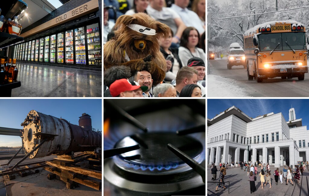 (The Salt Lake Tribune, The Associated Press) From left to right: Bottles of alcohol sit on a shelf at a liquor store in downtown Salt Lake City. The Jazz Bear messes around with a fan at the Delta Center in Salt Lake City. A school bus drives through snow in Sugarhouse. The Denver and Rio Grande Western Railroad locomotive No. 223 is seen outside Union Station in Ogden. A gas-lit flame burns on a natural gas stove. LDS faithful walk to the Conference Center.