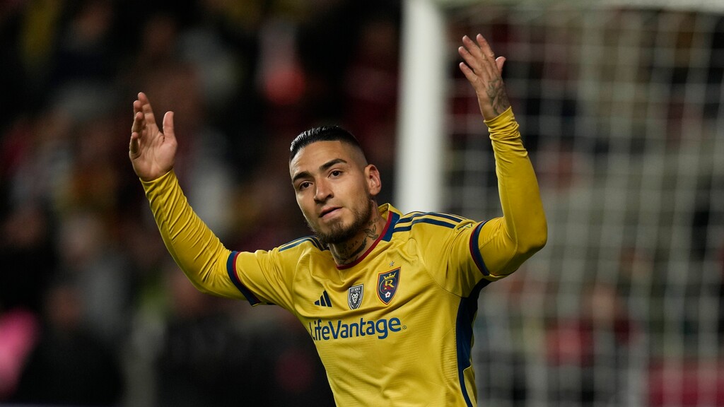 Real Salt Lake forward Cristian Arango, shown during a shootout victory over the Houston Dynamo on Nov. 6, 2023, had two goals and two assists in a 4-0 victory over the Chicago Fire on Saturday.