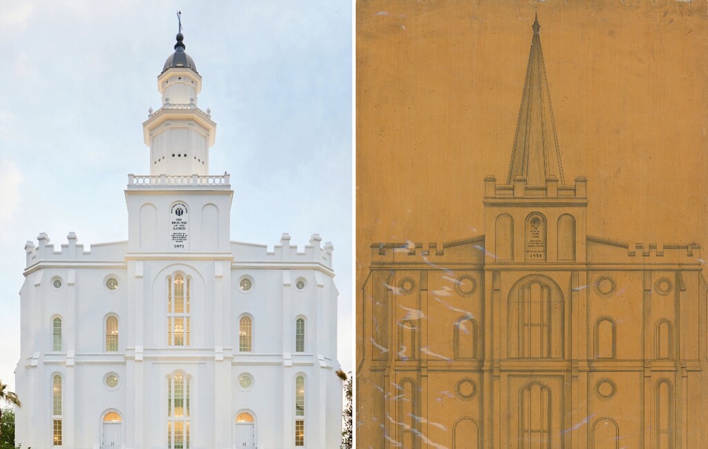 (The Church of Jesus Christ of Latter-day Saints) The recently renovated St. George Temple, left, and an architectural drawing of the temple in 1871 with a different proposed spire.