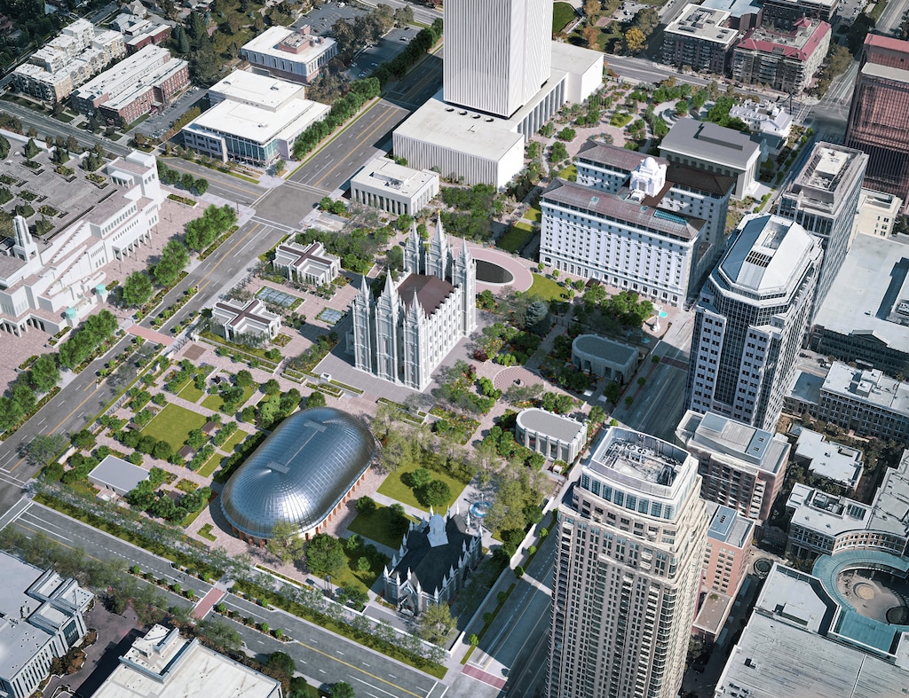 (The Church of Jesus Christ of Latter-day Saints) This rendering shows what Temple Square and the Main Street Plaza will look like after renovations are completed in 2025.